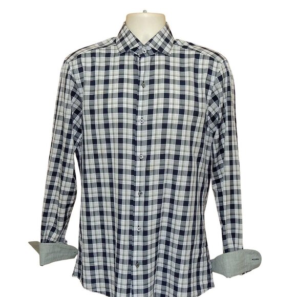 Ermenegildo Zegna Black Gray Plaid Checks Long Sleeve Men's Shirt Sz. M PRISTINE - Picture 1 of 5